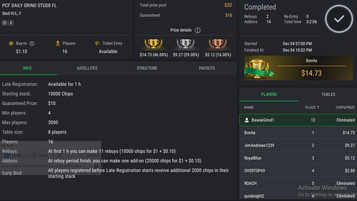 PCF Daily Grind Stud8 FL on StockPoker - December 04, 2025