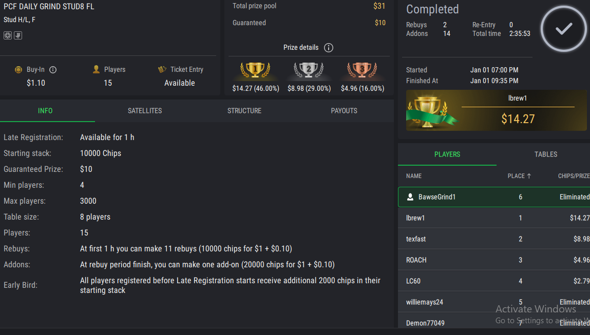 PCF Daily Grind Stud8 FL on StockPoker - January 01, 2026