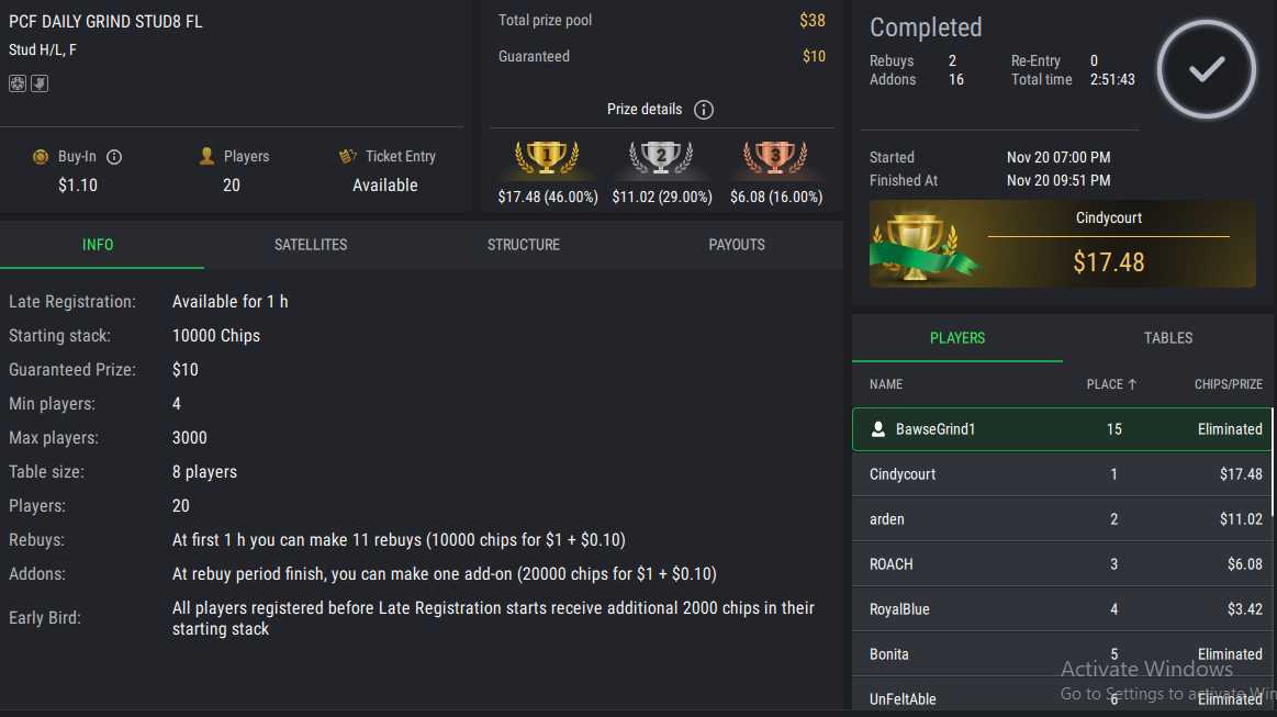 PCF Daily Grind Stud8 FL on StockPoker - November 20, 2025