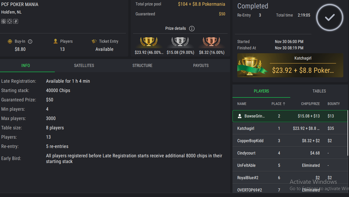 PCF Poker Mania NLHE PKO on StockPoker - November 30, 2025