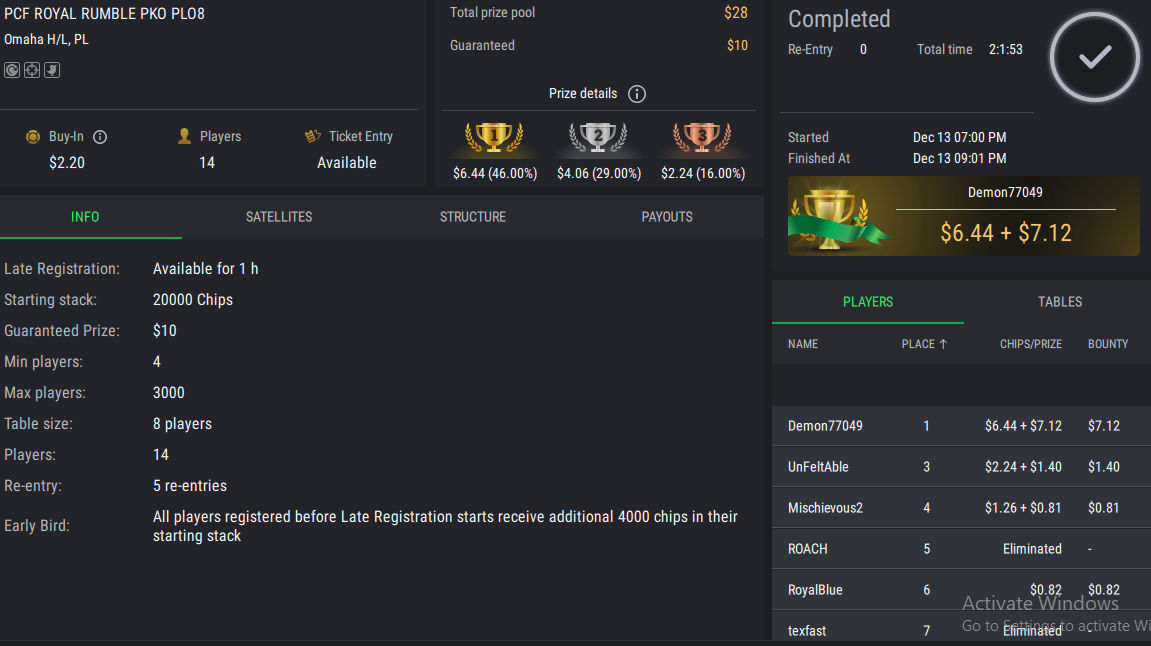 PCF Royal Rumble PLO8 PKO on StockPoker - December 13, 2025