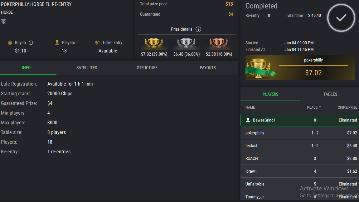 PokerPhilly Horse FL Re-Entry on StockPoker - January 04, 2026